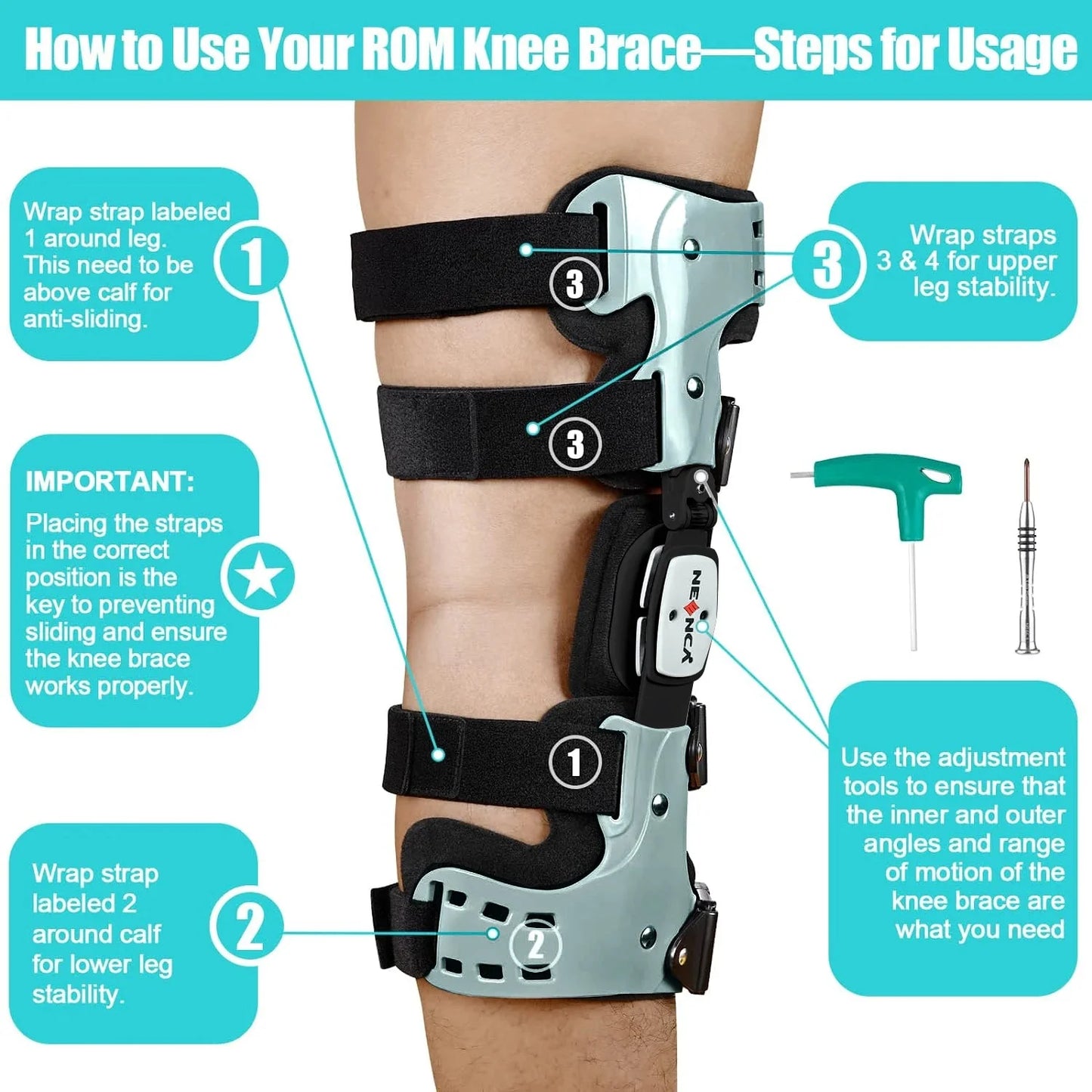 NNEOBA Medical Knee Brace Support Right Leg White-3