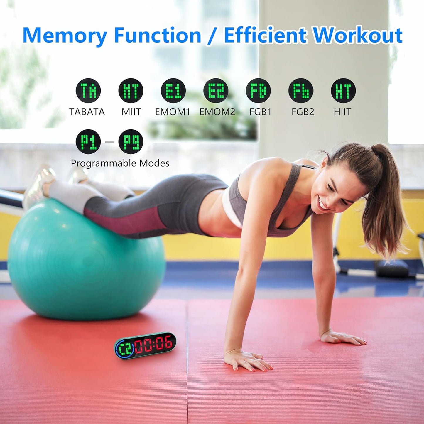 Portable Gym Timer Clock for Home Gym, Digital Workout Interval with Time Progress Bar/Rounds, Memory Function, Countdown/Stopwatch, Easy to Use Fit Boxing Tabata HIIT Emom Fitness Light Green