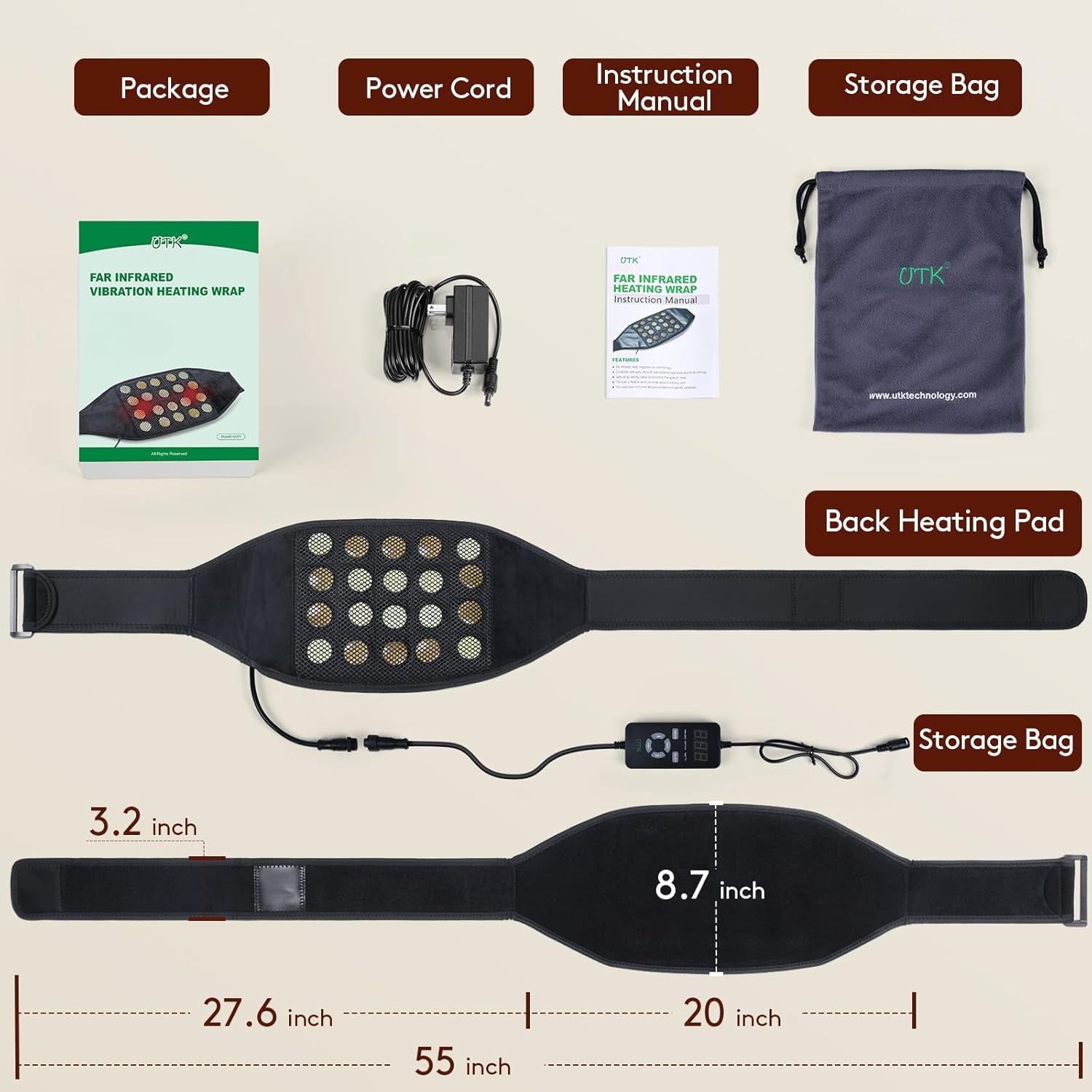 Heating Pad with Vibration for Lower Back, Heated Waist Wrap with Strap-55Inch. 3 Vibration Modes, Smart Controller, Hot Enough (103℉-159℉), Auto Shut Off, XL/XXL