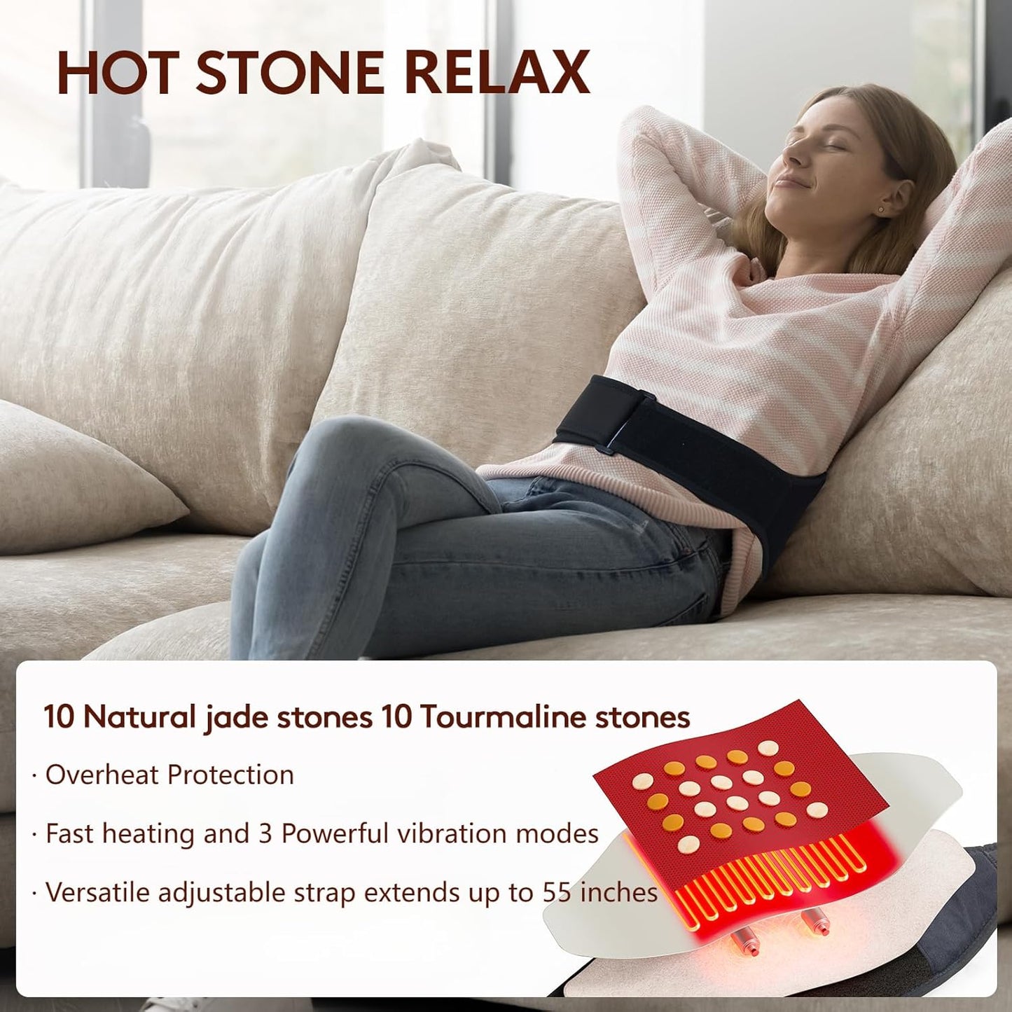 Heating Pad with Vibration for Lower Back, Heated Waist Wrap with Strap-55Inch. 3 Vibration Modes, Smart Controller, Hot Enough (103℉-159℉), Auto Shut Off, XL/XXL