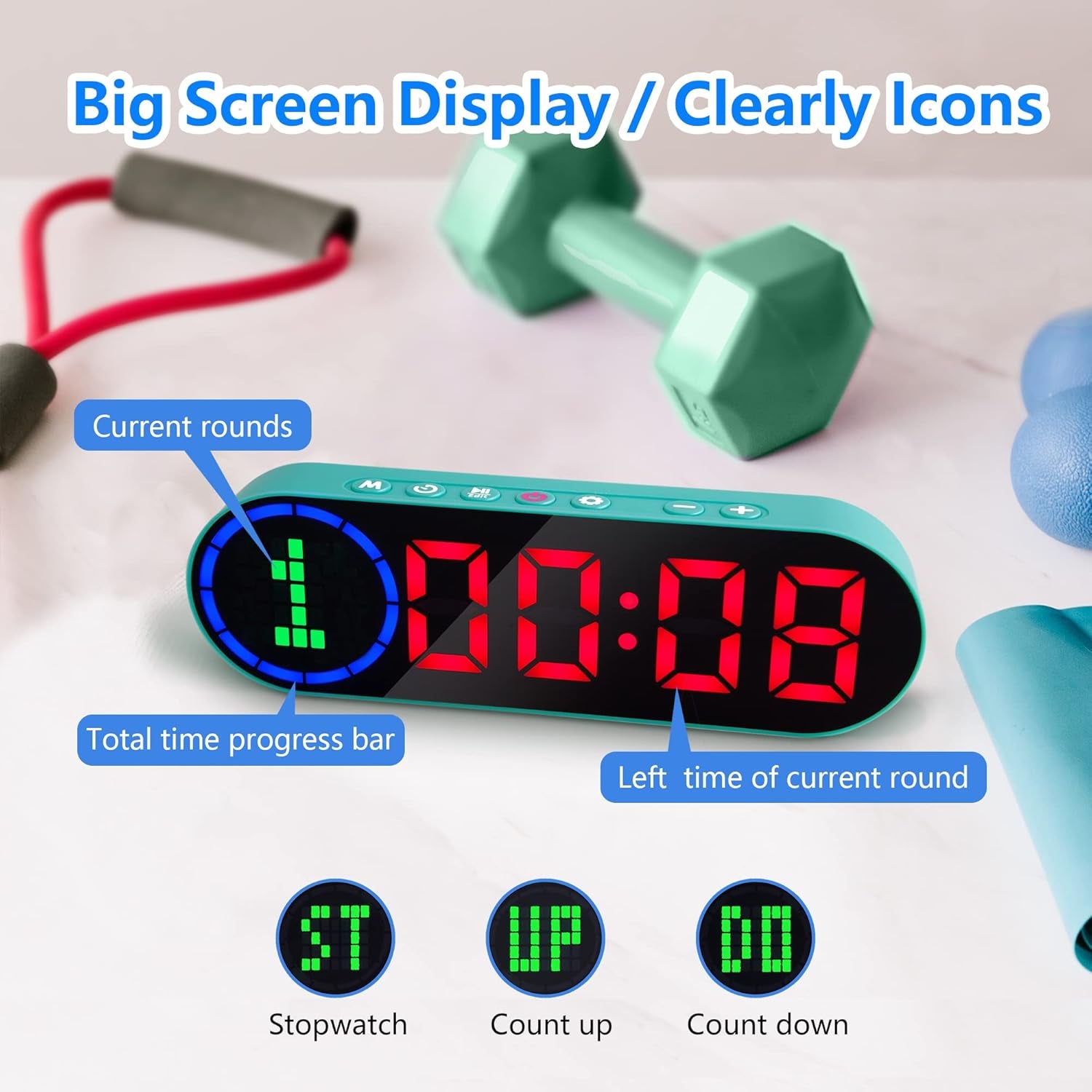 Portable Gym Timer Clock for Home Gym, Digital Workout Interval with Time Progress Bar/Rounds, Memory Function, Countdown/Stopwatch, Easy to Use Fit Boxing Tabata HIIT Emom Fitness Light Green